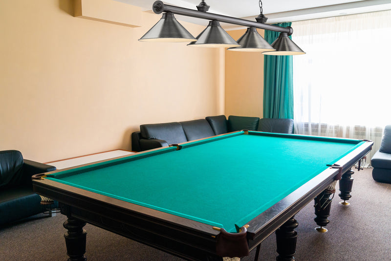 Cordon 4 Light 81.25" Billiard, Bronze Plate with Brushed Nickel Shades in Bronze Plate in a room setting