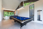 Cordon 4 Light 81.25" Billiard, Bronze Plate with Brushed Nickel Shades in Bronze Plate in a room setting