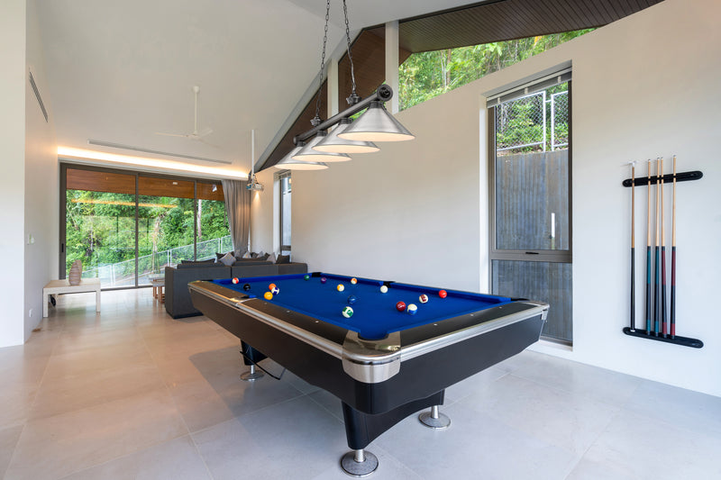 Cordon 4 Light 81.25" Billiard, Bronze Plate with Brushed Nickel Shades in Bronze Plate in a room setting