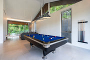 Cordon 4 Light 81.25" Billiard, Bronze Plate with Bronze Plate Shades in Bronze Plate in a room setting