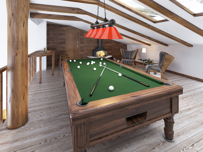Cordon 4 Light 81.25" Billiard, Plastic Shades in Bronze Plate in a room setting