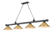 Cordon 4 Light 81.25" Billiard, Bronze Plate with Rubbed Brass Shades in Bronze Plate