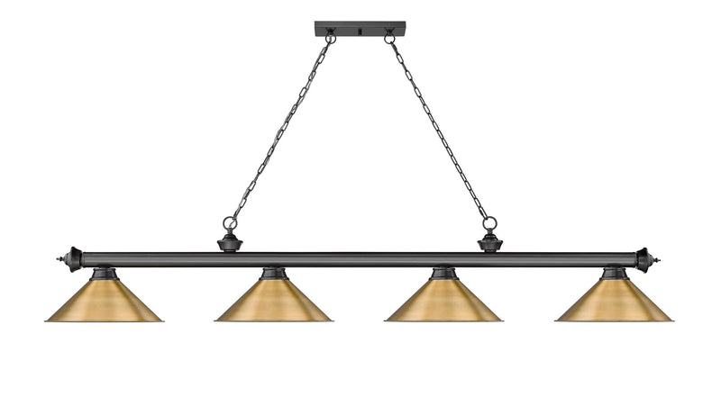 Cordon 4 Light 81.25" Billiard, Bronze Plate with Rubbed Brass Shades in Bronze Plate