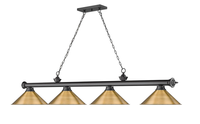 Cordon 4 Light 81.25" Billiard, Bronze Plate with Rubbed Brass Shades in Bronze Plate