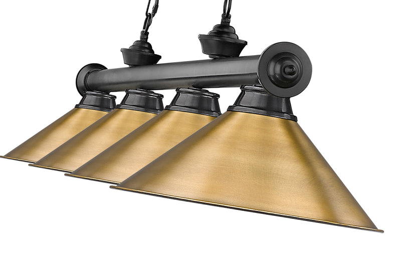 Cordon 4 Light 81.25" Billiard, Bronze Plate with Rubbed Brass Shades in Bronze Plate