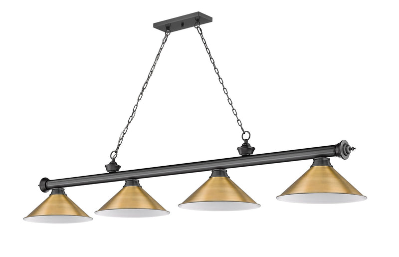 Cordon 4 Light 81.25" Billiard, Bronze Plate with Rubbed Brass Shades in Bronze Plate