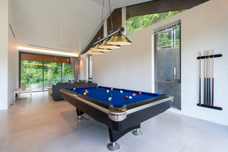 Cordon 4 Light 81.75" Billiard, Metal Shades (ST) in Bronze Plate in a room setting