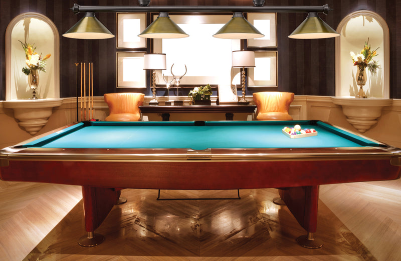 Cordon 4 Light 81.25" Billiard, Bronze with Rubbed Brass Shades in Bronze in a room setting