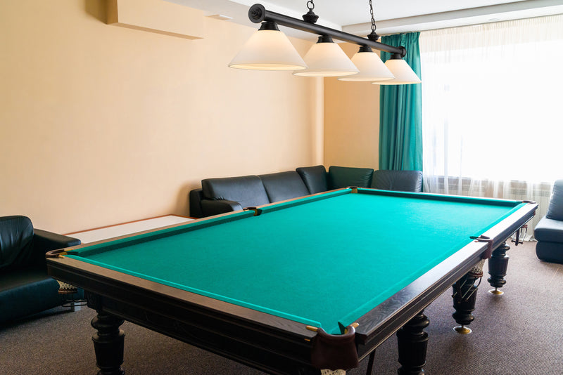 Cordon 4 Light 81.25" Billiard, Glass Shades (A) in Matte Black in a room setting