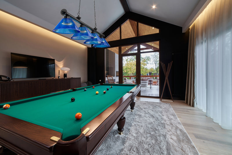 Cordon 4 Light 81.25" Billiard, Acrylic Shades in Matte Black in a room setting