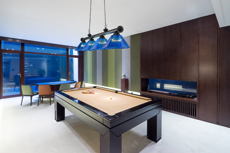 Cordon 4 Light 81.25" Billiard, Acrylic Shades in Matte Black in a room setting