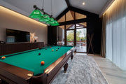 Cordon 4 Light 81.25" Billiard, Acrylic Shades in Matte Black in a room setting