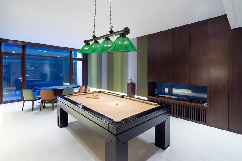 Cordon 4 Light 81.25" Billiard, Acrylic Shades in Matte Black in a room setting