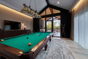 Cordon 4 Light 81.25" Billiard, Acrylic Shades in Matte Black in a room setting