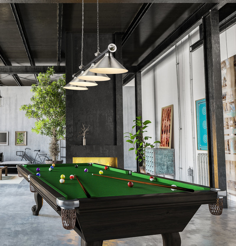 Cordon 4 Light 81.25" Billiard, Matte Black + Brushed Nickel with Brushed Nickel Shades in Matte Black + Brushed Nickel in a room setting
