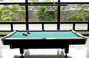 Cordon 4 Light 81.25" Billiard, Matte Black + Brushed Nickel with Brushed Nickel Shades in Matte Black + Brushed Nickel in a room setting