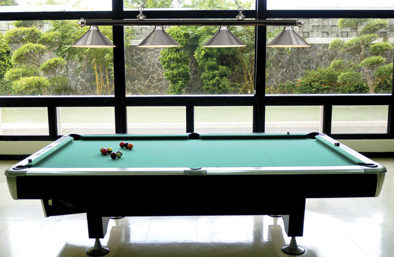 Cordon 4 Light 81.25" Billiard, Matte Black + Brushed Nickel with Brushed Nickel Shades in Matte Black + Brushed Nickel in a room setting
