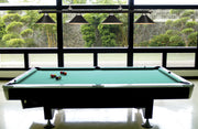 Cordon 4 Light 81.25" Billiard, Matte Black + Brushed Nickel with Matte Black Shades in Matte Black + Brushed Nickel in a room setting