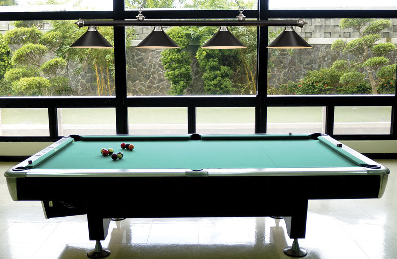 Cordon 4 Light 81.25" Billiard, Matte Black + Brushed Nickel with Matte Black Shades in Matte Black + Brushed Nickel in a room setting