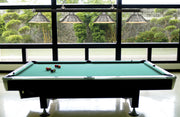 Cordon 4 Light 81.75" Billiard, Metal Shades (ST) in Matte Black + Brushed Nickel in a room setting
