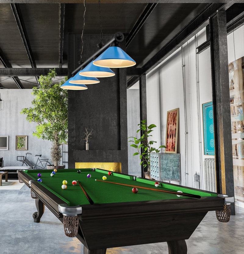 Cordon 4 Light 81.75" Billiard, Metal Shades (M) in Matte Black in a room setting