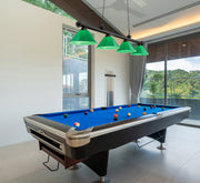 Cordon 4 Light 81.25" Billiard, Plastic Shades in Matte Black in a room setting