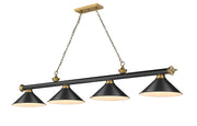 Cordon 4 Light 81.25" Billiard, Matte Black + Rubbed Brass with Matte Black Shades in Matte Black + Rubbed Brass