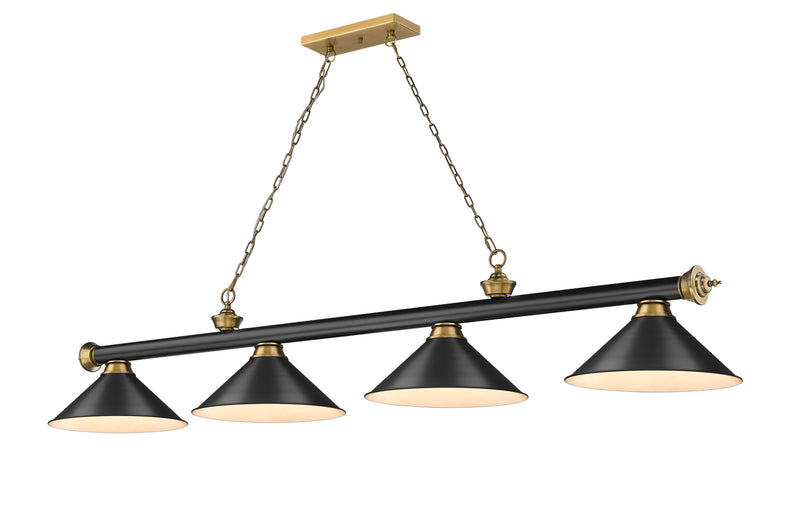 Cordon 4 Light 81.25" Billiard, Matte Black + Rubbed Brass with Matte Black Shades in Matte Black + Rubbed Brass