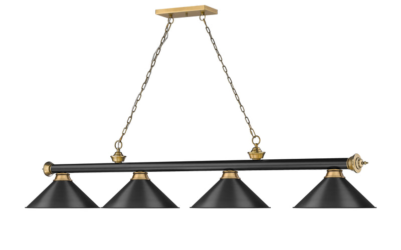 Cordon 4 Light 81.25" Billiard, Matte Black + Rubbed Brass with Matte Black Shades in Matte Black + Rubbed Brass