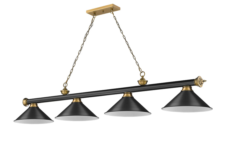 Cordon 4 Light 81.25" Billiard, Matte Black + Rubbed Brass with Matte Black Shades in Matte Black + Rubbed Brass