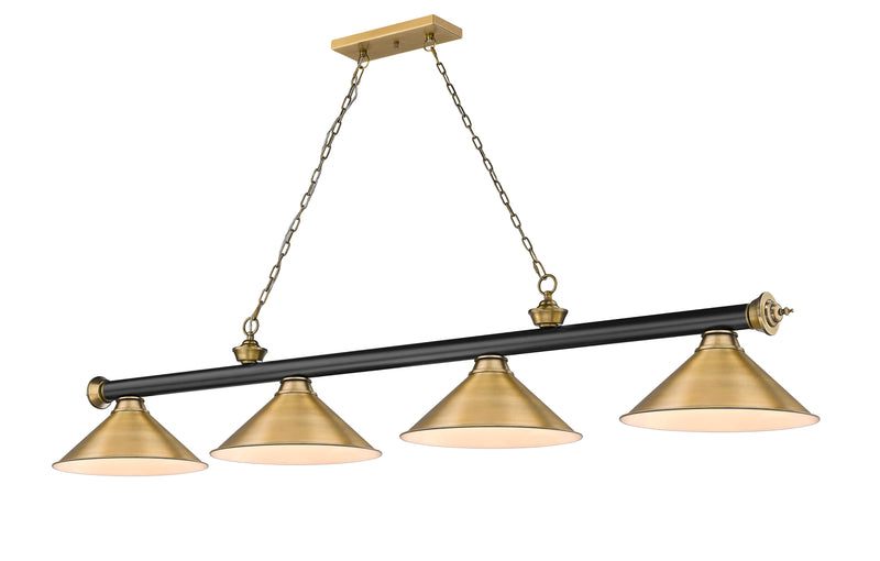 Cordon 4 Light 81.25" Billiard, Matte Black + Rubbed Brass with Rubbed Brass Shades (4MB-RB-RB15) in Matte Black + Rubbed Brass