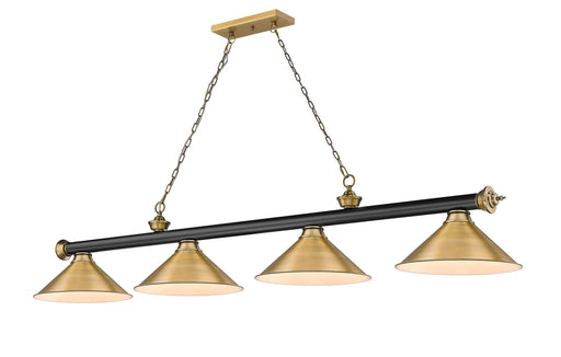 Cordon 4 Light 81.25" Billiard, Matte Black + Rubbed Brass with Rubbed Brass Shades (4MB-RB-RB15) in Matte Black + Rubbed Brass