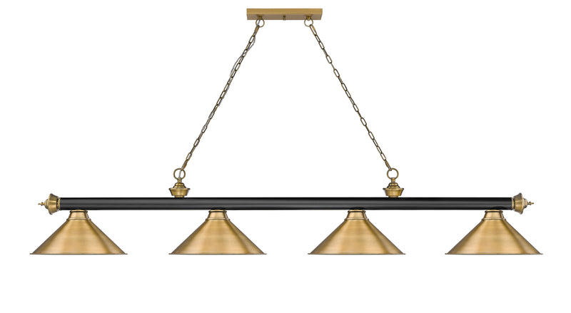 Cordon 4 Light 81.25" Billiard, Matte Black + Rubbed Brass with Rubbed Brass Shades (4MB-RB-RB15) in Matte Black + Rubbed Brass