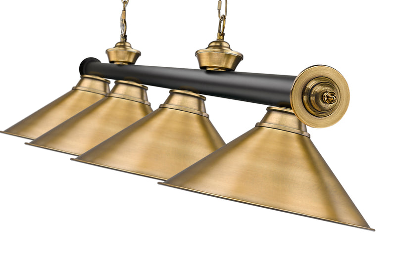 Cordon 4 Light 81.25" Billiard, Matte Black + Rubbed Brass with Rubbed Brass Shades (4MB-RB-RB15) in Matte Black + Rubbed Brass