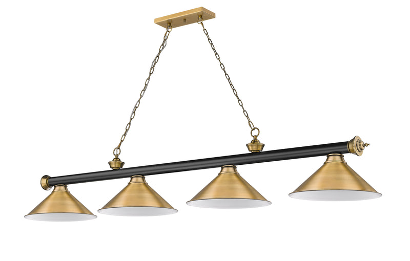 Cordon 4 Light 81.25" Billiard, Matte Black + Rubbed Brass with Rubbed Brass Shades (4MB-RB-RB15) in Matte Black + Rubbed Brass