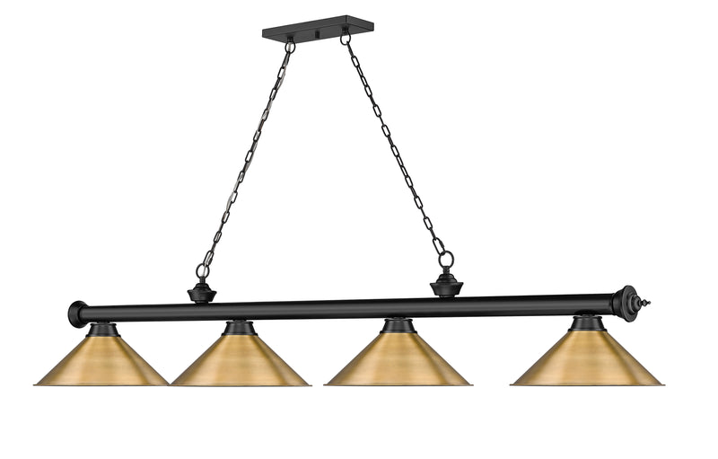 Cordon 4 Light 81.25" Billiard, Matte Black + Rubbed Brass with Rubbed Brass Shades (4MB-RB15) in Matte Black + Rubbed Brass