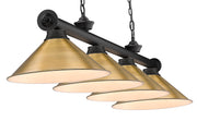 Cordon 4 Light 81.25" Billiard, Matte Black + Rubbed Brass with Rubbed Brass Shades (4MB-RB15) in Matte Black + Rubbed Brass
