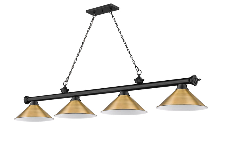Cordon 4 Light 81.25" Billiard, Matte Black + Rubbed Brass with Rubbed Brass Shades (4MB-RB15) in Matte Black + Rubbed Brass