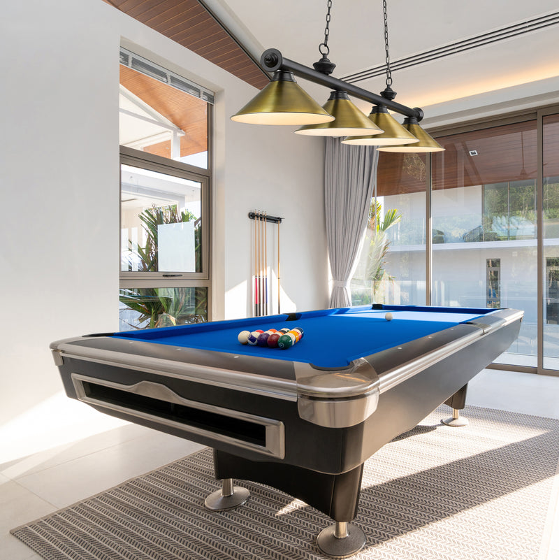 Cordon 4 Light 81.25" Billiard, Matte Black + Rubbed Brass with Rubbed Brass Shades (4MB-RB15) in Matte Black + Rubbed Brass in a room setting