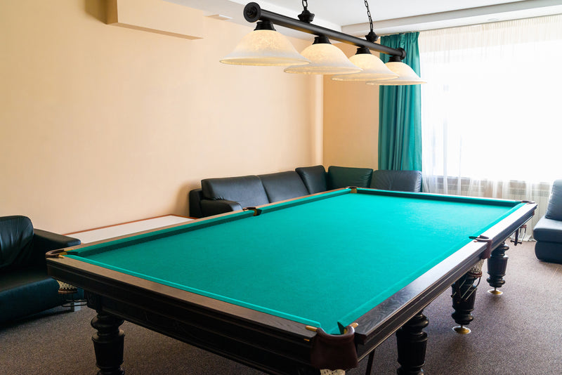 Cordon 4 Light 81.75" Billiard, Glass Shades in Matte Black in a room setting