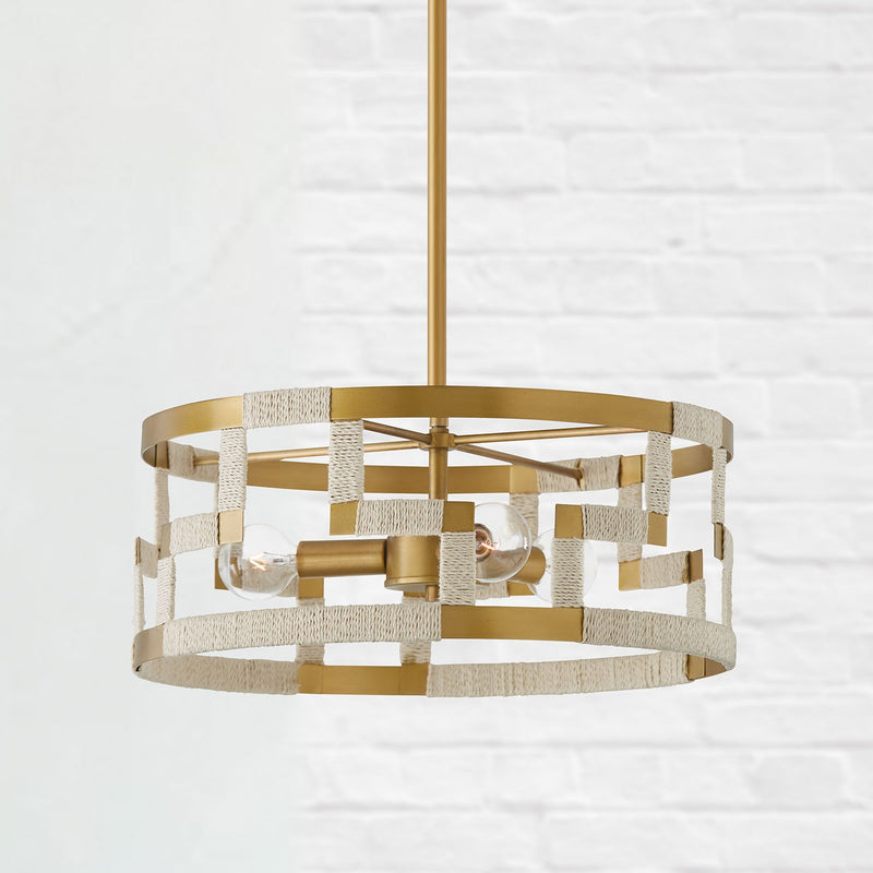 Hala 3-Light Semi-Flush Mount in Bleached Natural Jute and Patinaed Brass