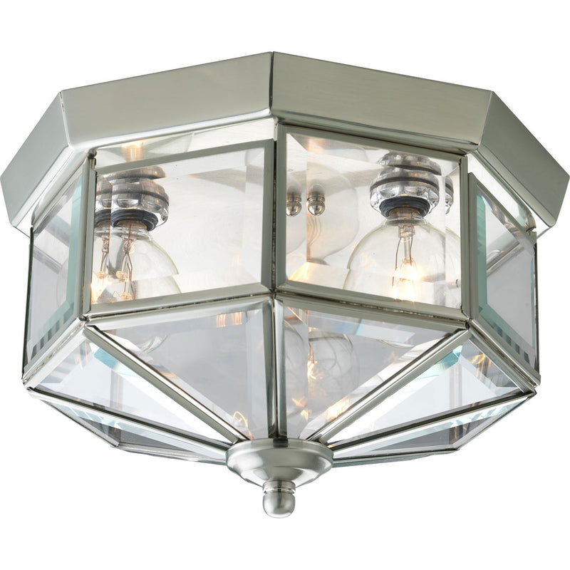 Beveled Glass 3-Light Outdoor Flush Mount in Brushed Nickel