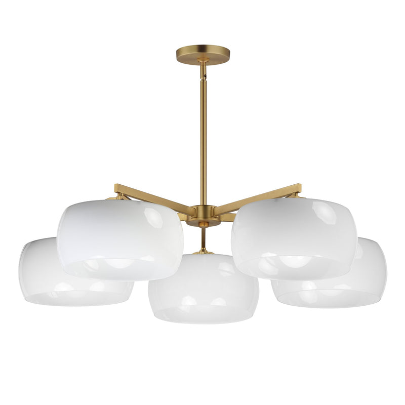 Glazed 5 Light Chandelier in White / Natural Aged Brass