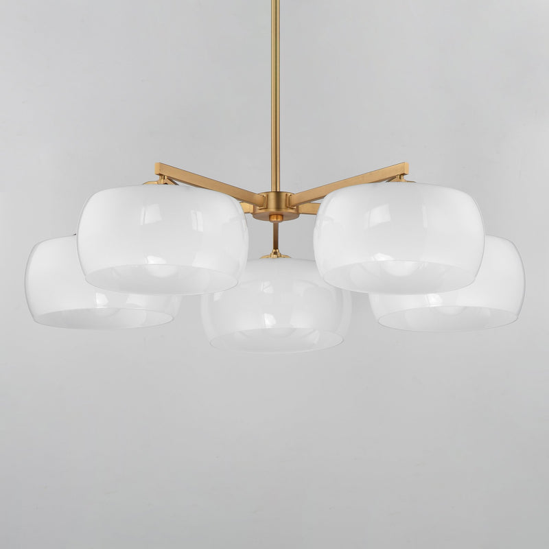 Glazed 5 Light Chandelier in White / Natural Aged Brass