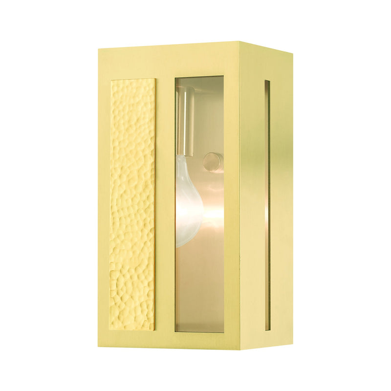Lafayette Small Outdoor ADA Wall Lantern in Satin Brass with Hammered Polished Brass Panels