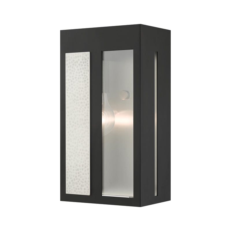 Lafayette Medium Outdoor ADA Wall Lantern in Black with Hammered Brushed Nickel Panels