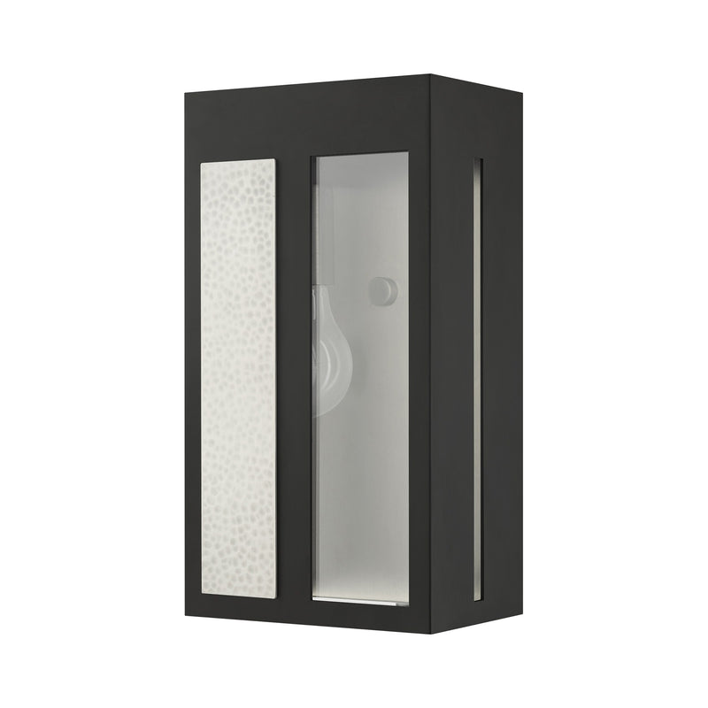 Lafayette Medium Outdoor ADA Wall Lantern in Black with Hammered Brushed Nickel Panels