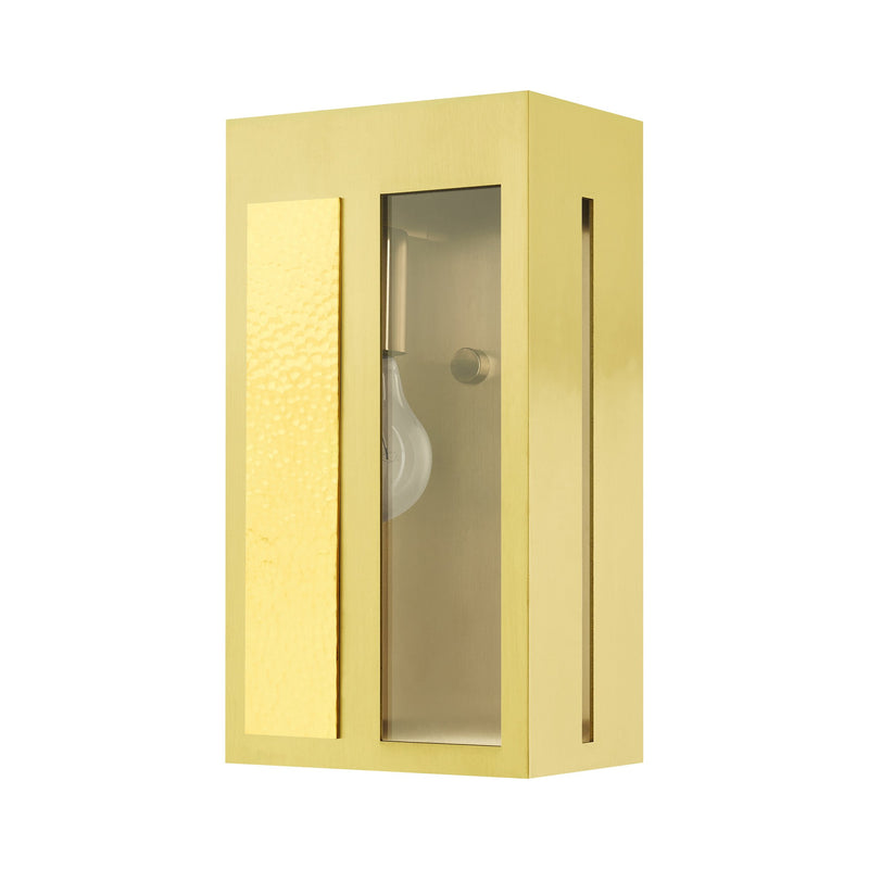 Lafayette Medium Outdoor ADA Wall Lantern in Satin Brass with Hammered Polished Brass Panels