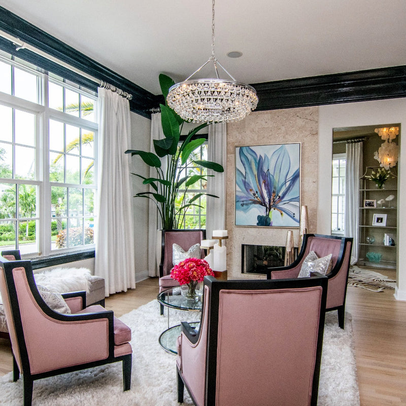 Calypso 6 Light 30" Chandelier in Polished Chrome in a room setting