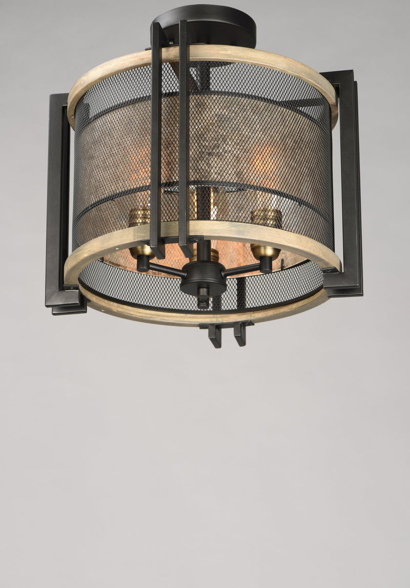 Boundry 3 Light Semi-Flush Mount in Black / Barn Wood / Antique Brass